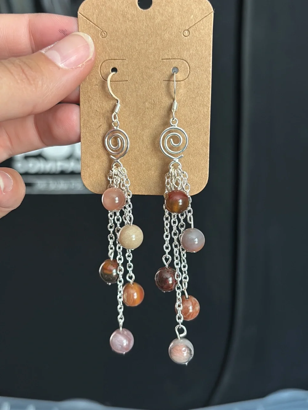 Silver toned Spiral Multi-Bead Dangle Earrings — Brown & Pink Beads